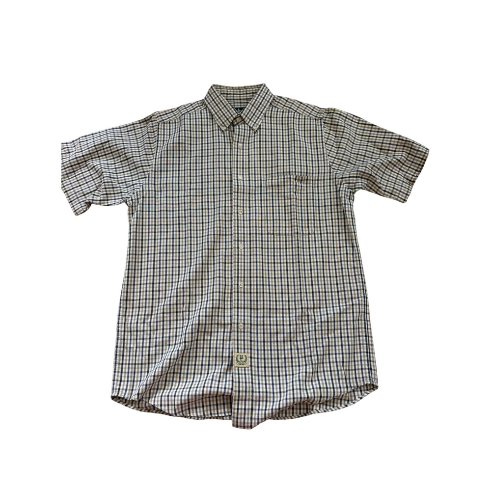 Hunt Club Button Down Shirt Medium Tan Plaid Short Sleeve Wrinkle Free M7153‎